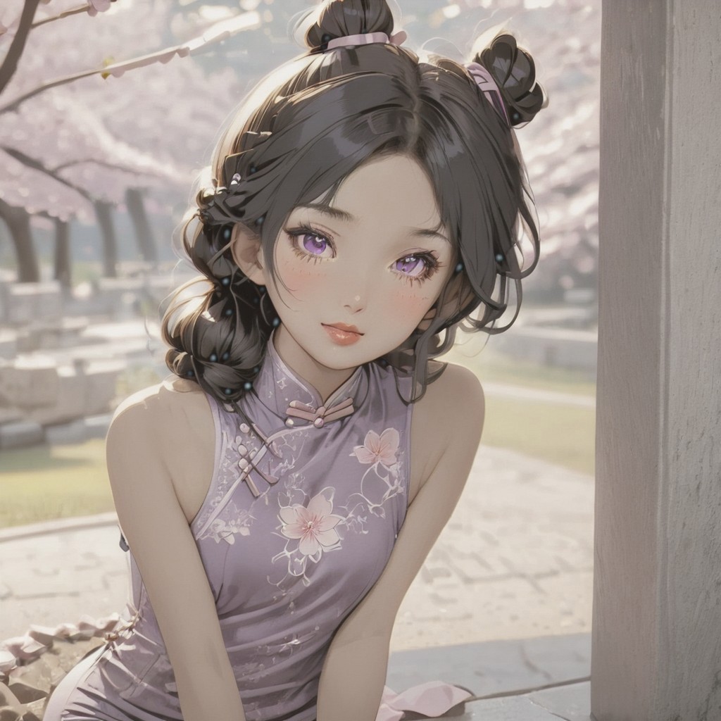 gorgeous lips, cinematic, (masterpiece), (best quality), (ultra-detailed), very aesthetic, illustration, perfect composition, intricate details, absurdres, detailed face, (anime, masterpiece, intricate:1.3), (best quality, hires textures, high detail:1.2)from the front, outdoors, full body shot
BREAK, a anime girl with very long black hair, straight hair styled in a half up do,marble fountain, cherry blossom tree around the fountain, 1girl, solo, side swept bangs, medium breasts, long hair, black hair, looking at up, siting, sexy purple long flowing silk cheongsam, high slit, toned legs, legs crossed, XCYP  Cheongsam beauties, necklace, hair ribbon, purple back head hair bow, smiling, hair blowing in the wind, cheongsam blowing in the wind,  blush,purple heels , collarbone, brown eyes, perfect eyes, pink petals blowing in the wind, night time, starry sky, sitting on the fountain, looking at viewer, pink paper lanterns, soft lighting, dolly shot, seductive mood, pursed lips,