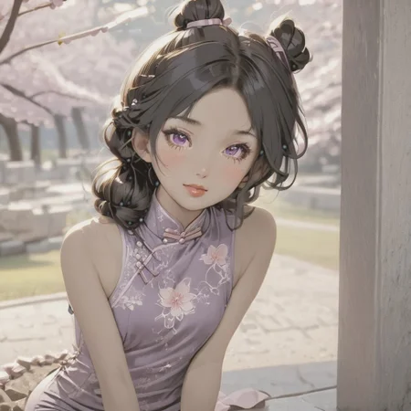 gorgeous lips, cinematic, (masterpiece), (best quality), (ultra-detailed), very aesthetic, illustration, perfect composition, intricate details, absurdres, detailed face, (anime, masterpiece, intricate:1.3), (best quality, hires textures, high detail:1.2)from the front, outdoors, full body shot
BREAK, a anime girl with very long black hair, straight hair styled in a half up do,marble fountain, cherry blossom tree around the fountain, 1girl, solo, side swept bangs, medium breasts, long hair, black hair, looking at up, siting, sexy purple long flowing silk cheongsam, high slit, toned legs, legs crossed, XCYP  Cheongsam beauties, necklace, hair ribbon, purple back head hair bow, smiling, hair blowing in the wind, cheongsam blowing in the wind,  blush,purple heels , collarbone, brown eyes, perfect eyes, pink petals blowing in the wind, night time, starry sky, sitting on the fountain, looking at viewer, pink paper lanterns, soft lighting, dolly shot, seductive mood, pursed lips,
