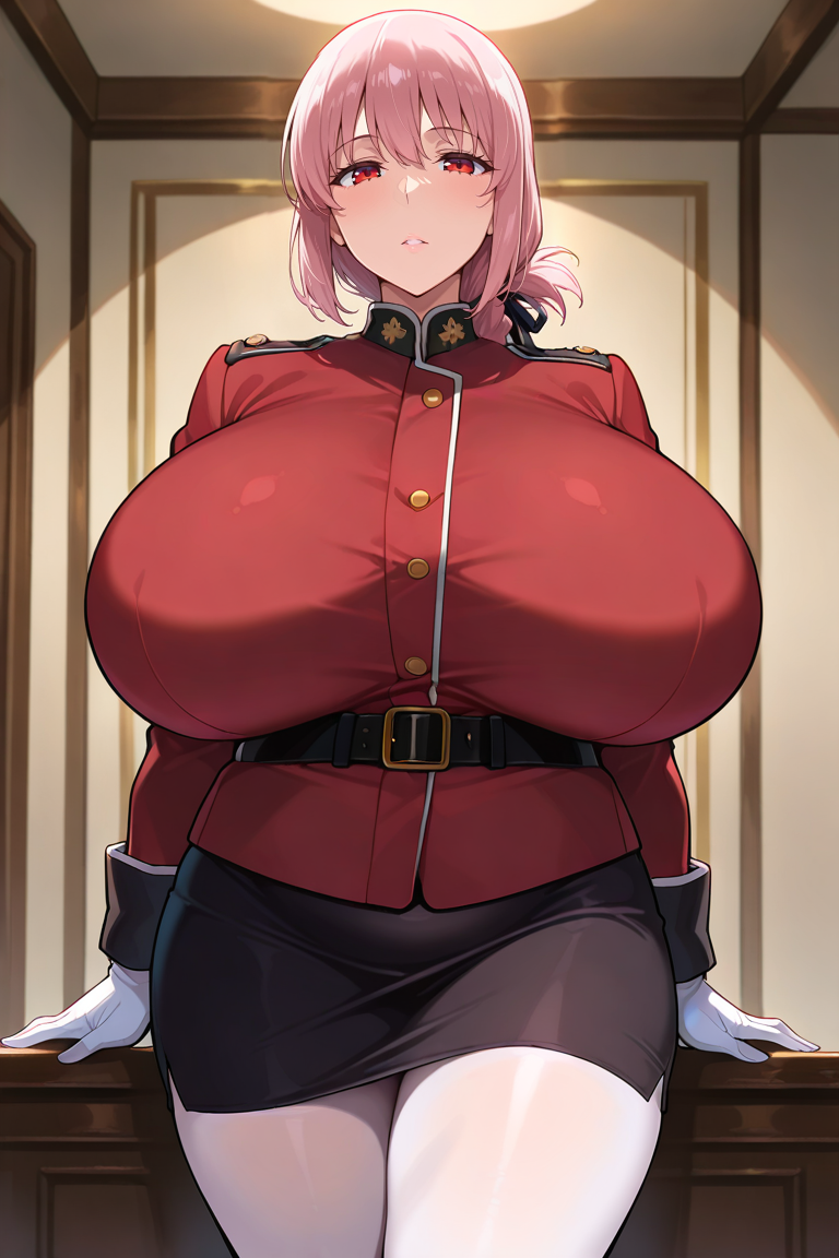 masterpiece , source_anime  , 1girl, mature female, solo, red eyes, gloves, pantyhose, skirt, braid, white gloves, breasts, long hair, , military, pink hair, uniform, military uniform, gigantic breasts, white pantyhose, , short black skirt, belt, looking at viewer, , red jacket, hair ribbon, plump