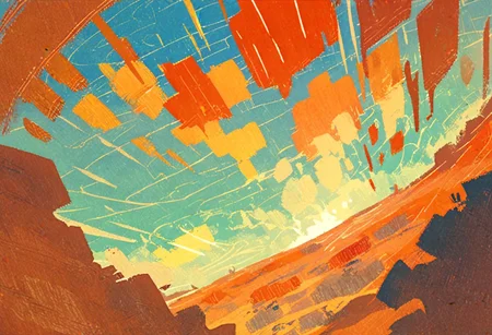 angular abstract 2d concept art, vista landscape of a red orange desert wasteland about to witness the mojave desert storm, azure blue sky with puffy clouds ,  dutch angle,  score_9, score_8_up, score_7_up, score_6_up, score_5_up, score_4_up, 1person,