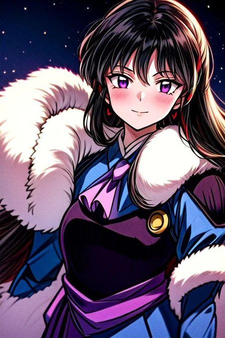 masterpiece, best quality 1girl Setsun4 solo long hair, (night time) forest background black hair very long hair purple eyes multicolored hair armor (fur trim) (medium body),<lora:EMS-179-EMS:0.800000>,<lora:EMS-293862-EMS:0.800000> bow, hair_bow, hair_tubes, red_bow, brown_hair, long_hair, bangs, sidelocks, ascot, brown_eyes, frilled_bow, yellow_ascot, blush, smile, hair_between_eyes