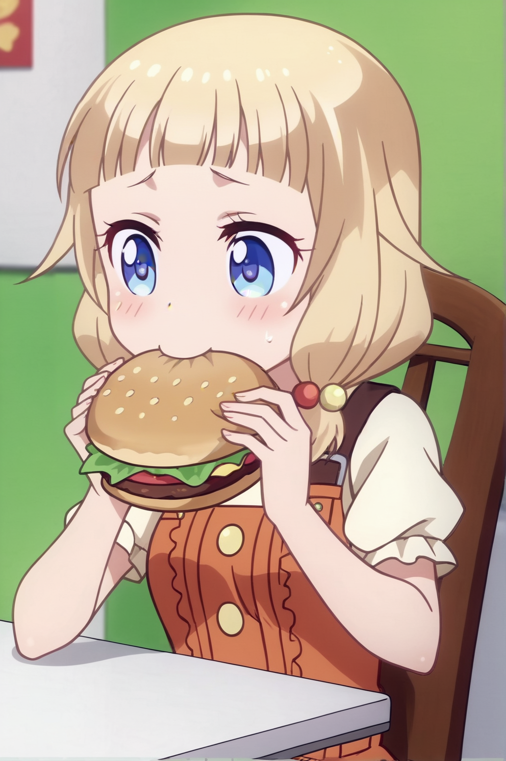 score_9, score_8_up, score_7_up,anime_source, source_anime, best background, detailed background, anime screencap,  HSakura Nene, Main Outfit, eating burger, chair, indoors, solo, blush, <lora:JN_Sakura_Nene:0.8>
