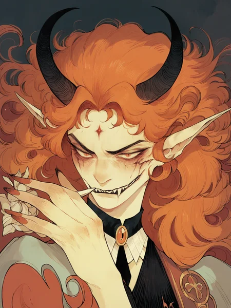 score_9, score_8_up, score_7_up, score_6_up, score_5_up, <lora:hagushkaXLP:1> hagushka, fine art parody, orange hair, demon girl,