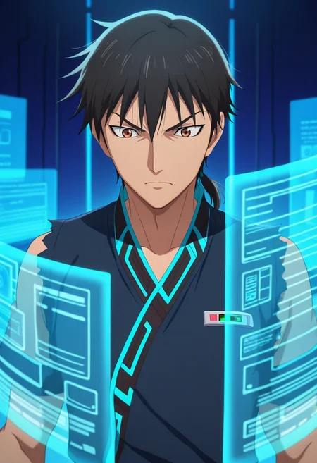 masterpiece, best quality, intricate details, anime screencap, , , , depth of field, 1boy, solo, male focus, <lora:xin_kingdom_ilxl:0.96>, xin_kingdom, black hair, brown eyes, short hair, low ponytail, , , quantum lab, holographic displays, energy fields, data streams, working pose, concentrated expression, blue lighting,