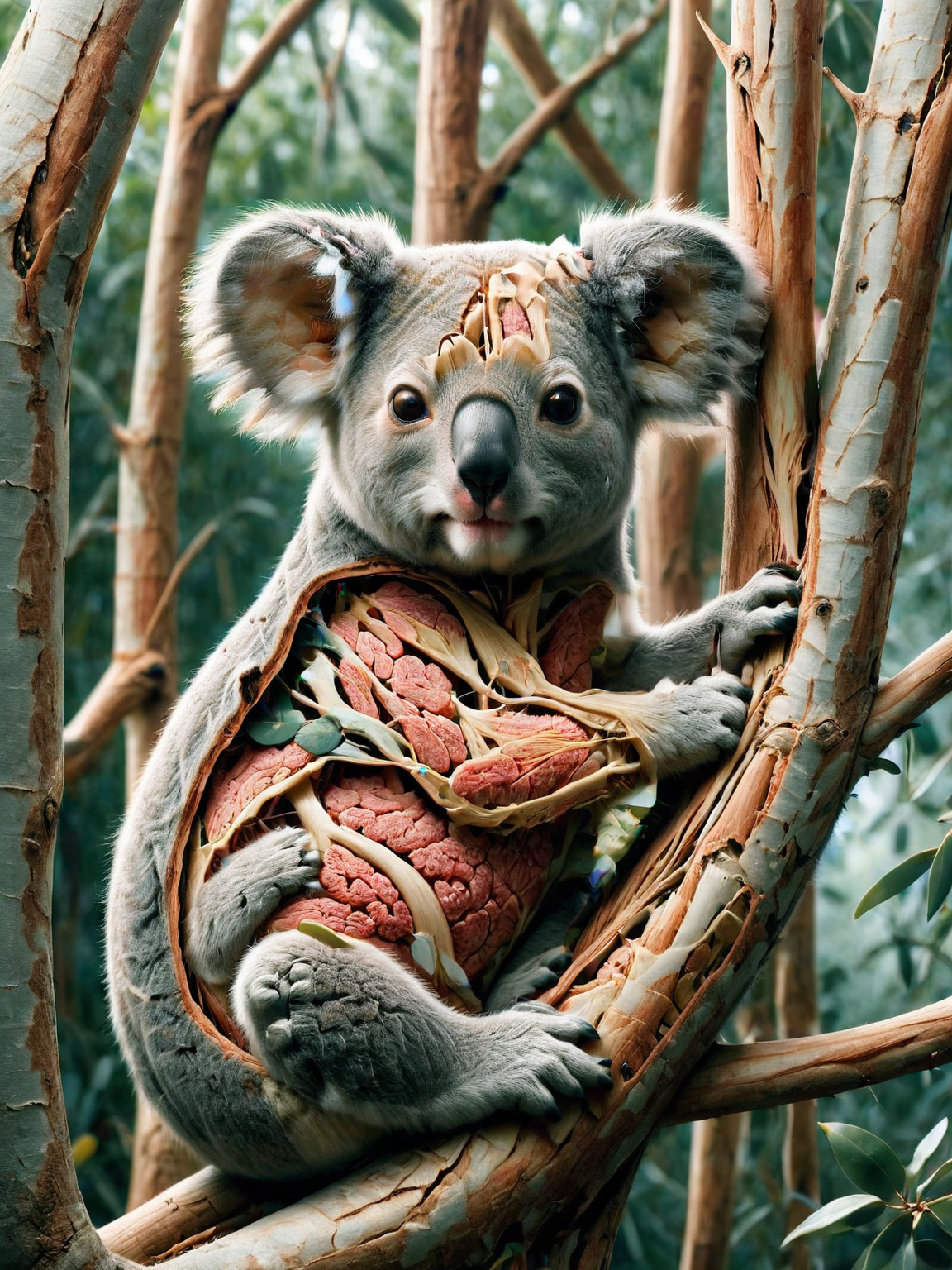 ais-xsection koala, nestled in the eucalyptus tree canopy of the Australian rainforest <lora:Cross_Section_Style_SDXL:1>