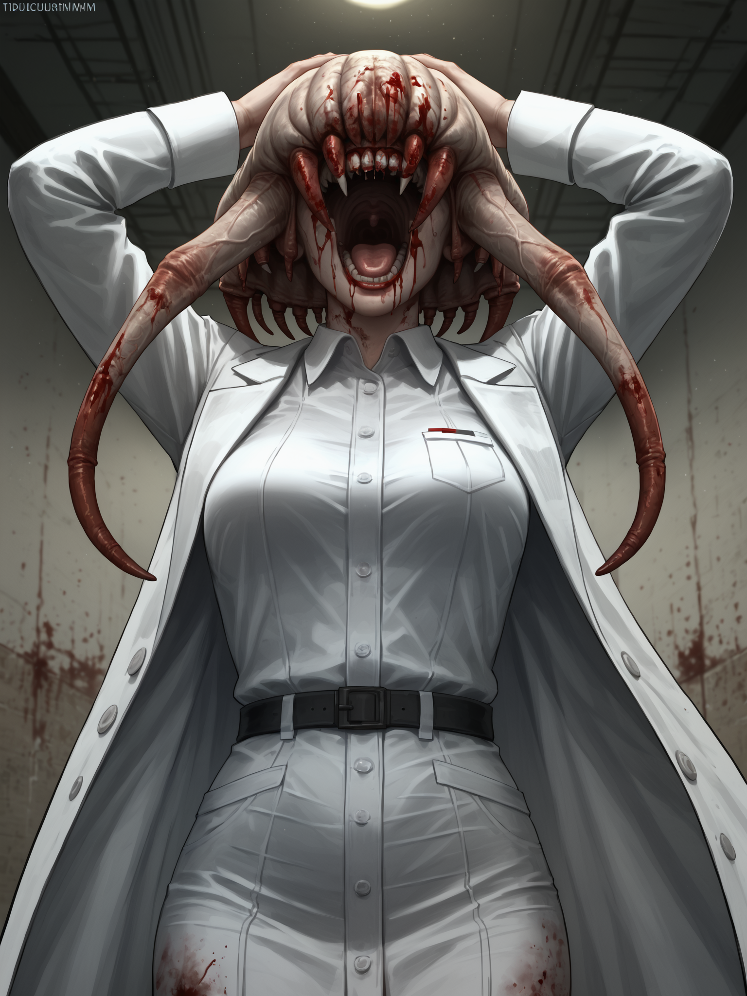 score_9, score_8_up, score_7_up, score_6_up, anime, illustration, from above, 1girl, solo, scientist, hands on head, screaming, stained labcoat, collared shirt, bloody, female headcrab zombie, (dirty skin, grey skin, veiny skin, blood and mucus),  abandoned basement, concrete walls, slim, dark, dirty, horror theme, very clear image, detailed face, detailed character design, ultra-high resolution, perfectly composed, clear, breathtaking attention to detail, highres, ultra detail, 8k wallpaper,