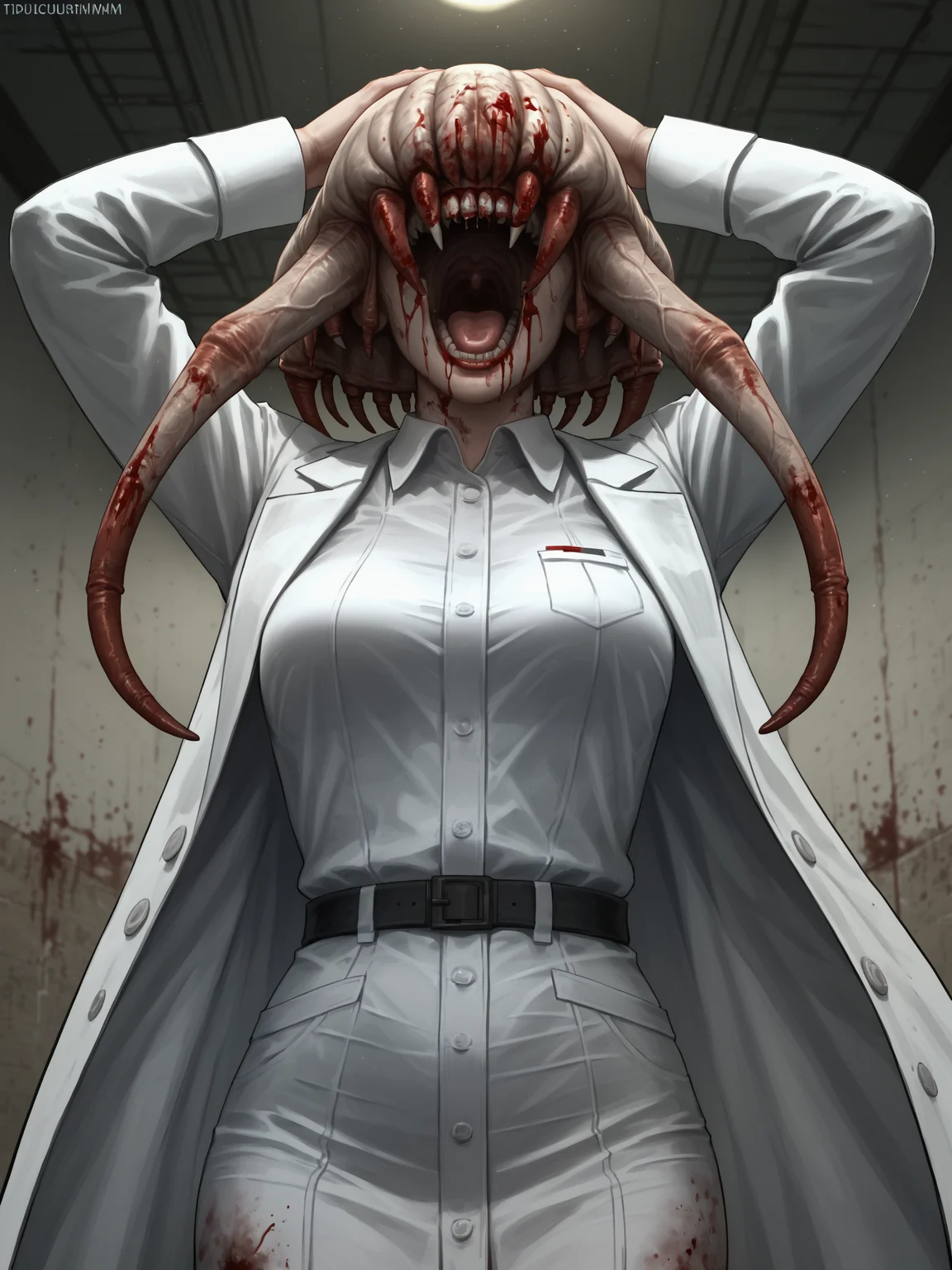 score_9, score_8_up, score_7_up, score_6_up, anime, illustration, from above, 1girl, solo, scientist, hands on head, screaming, stained labcoat, collared shirt, bloody, female headcrab zombie, (dirty skin, grey skin, veiny skin, blood and mucus), abandoned basement, concrete walls, slim, dark, dirty, horror theme, very clear image, detailed face, detailed character design, ultra-high resolution, perfectly composed, clear, breathtaking attention to detail, highres, ultra detail, 8k wallpaper,