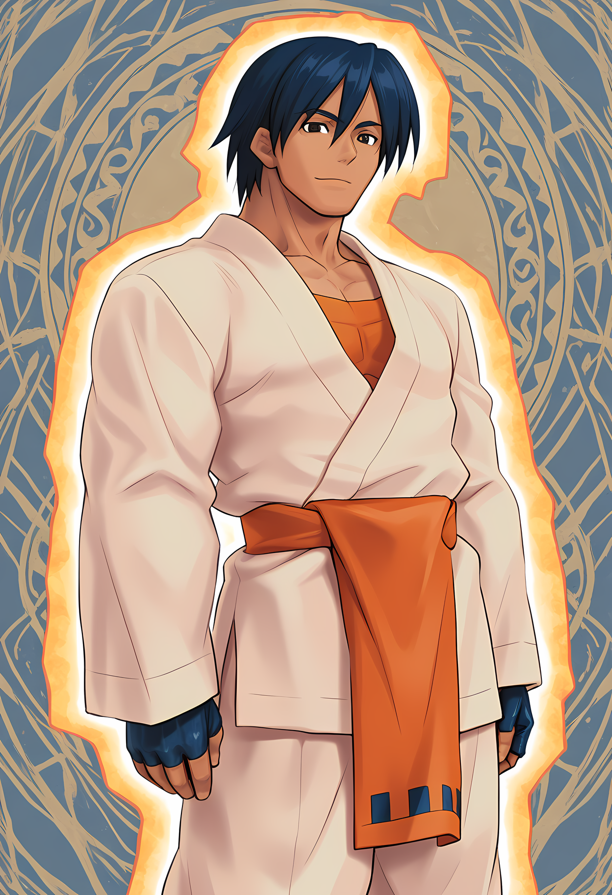 masterpiece, best quality, amazing quality, abstract background, BREAK
solo, male focus, 1boy, rotd_pepe, blue hair, black eyes, dark skin, tan dougi, long sleeves, sash, BREAK
 <lora:cfg_scale_boost:.6>  <lora:Pepe_Rodriguez_-_Rage_of_the_Dragons_-_ILXL:1>