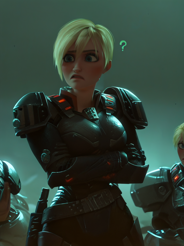 score_9, score_8_up, score_7_up, 1girl, dynamic pose, cowboy shot, simple background, hands at side, embarrassed, !?, looking at her breast, blush, 
 <lora:ASergeantCalhoun_character:1>, SergeantXLP, blonde hair, short hair, blue eyes, armor, shoulder armor, bodysuit, screencap,