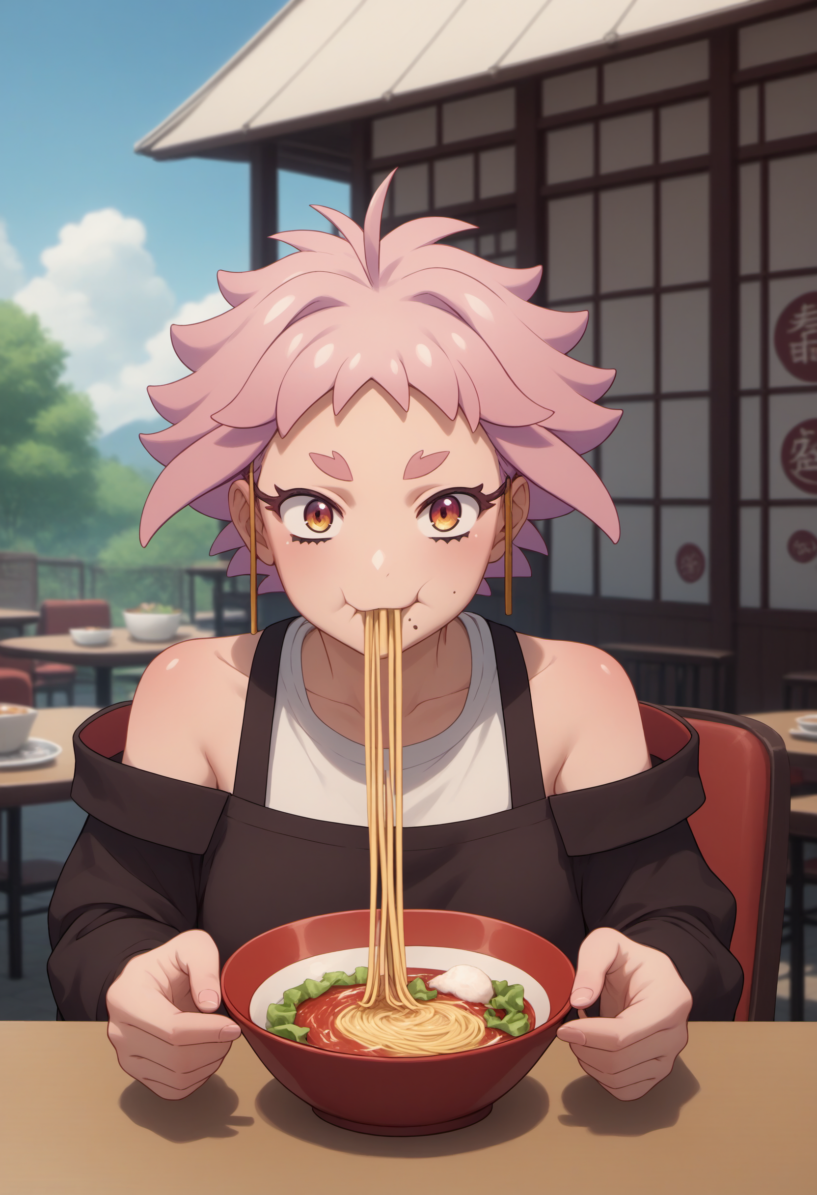 score_9,score_8_up,score_7_up,source_anime BREAK 1girl,solo,MakaLiv, pink hair, short hair,eating ramen with chopsticks, outdoor restaurant background <lora:MayonakaPunch_live_ponyXL:1>
