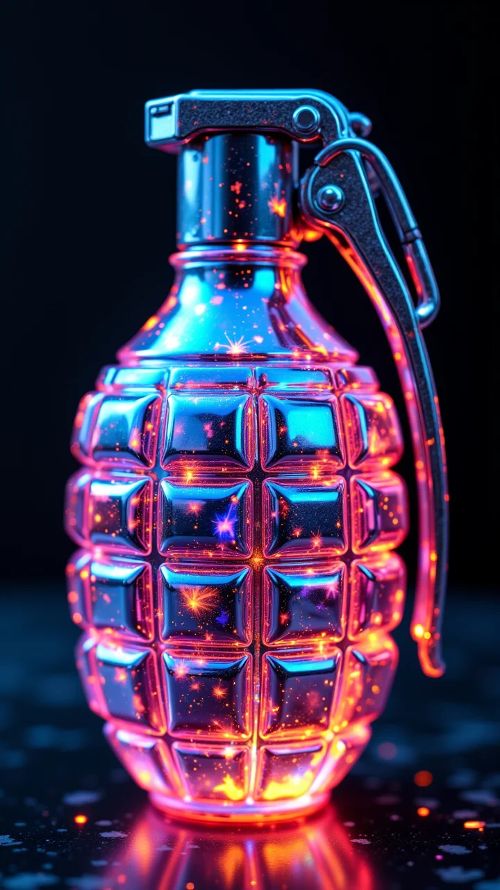 A holographic grenade that flickers between visibility and invisibility, made of liquid Multi-tiered encased in a Chic, chrome shell. Itâs adorned with holographic symbols that shift in and out of focus, displayed with sparks of neon Peach and Dark, as if itâs about to detonate in a flash of color. , aidmafluxpro1.1