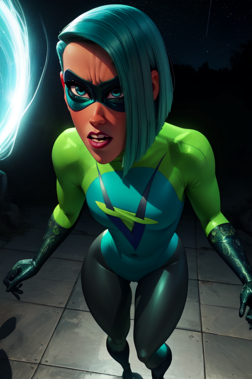 Voyd,blue hair, blue eyes ,short hair, lips, standing, nervous,  buck teeth,   cameltoe,   
VoySui, black domino mask multicolored ,bodysuit, boots, skin tight, green sleeves, 
magical blue portals, stars,  solo, 
(insanely detailed, beautiful detailed face, masterpiece, best quality) cinematic lighting, 
 <lora:Voyd-10V4:0.9>