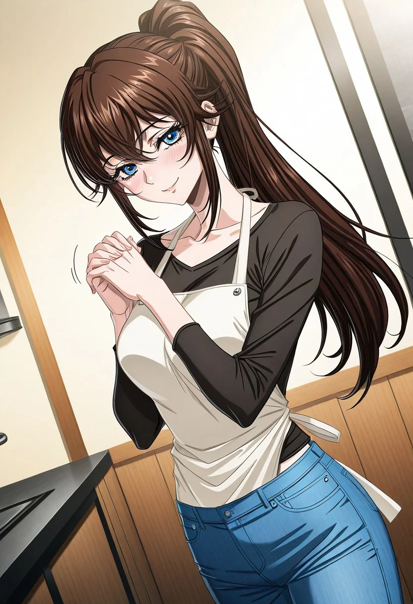 masterpiece, best quality, newest, highres, uncensored, 1girl, yokota mamoru style,1girl, slender face,motion lines,blush,torogao,looking at the viewer,seductive smile
Asai Sayaka,Brown Hair, Ponytail,Blue Eyes,Medium Breasts, Slim,long hair
1girl,solo
<lora:gendou-pose-ponyxl-lora-nochekaiser:1>, gendou pose, own hands clasped, own hands together, parody,, indoors, smile,, cowboy shot, dutch angle, looking at viewer,Apron, Jeans, Shirt