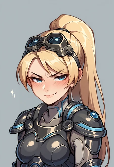 score_9, score_8_up, score_7_up, score_6_up, score_5_up, score_4_up, 1girl, <lora:WidowmakerNova:0.7> solo, medium breasts, ponytail, blonde hair, long hair, blue eyes, bodysuit, armor, goggles, goggles on head, gloves, blush, smirk, upper body, front view, eyes half closed,
light blue background, simple background,