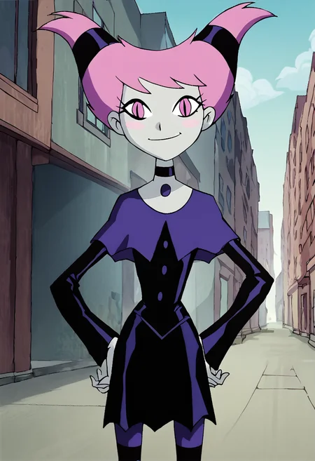 <lora:JinxTTPony1.0:1> jinx, 1girl, pink hair, buttons, twintails, solo, pink eyes, slit pupils, blush stickers, black choker, dress, grey skin, smile, striped pantyhose, capelet, score_9, score_8_up, score_7_up, score_6_up, score_5_up, score_4_up, looking at viewer, hand on own hip, cowboy shot,