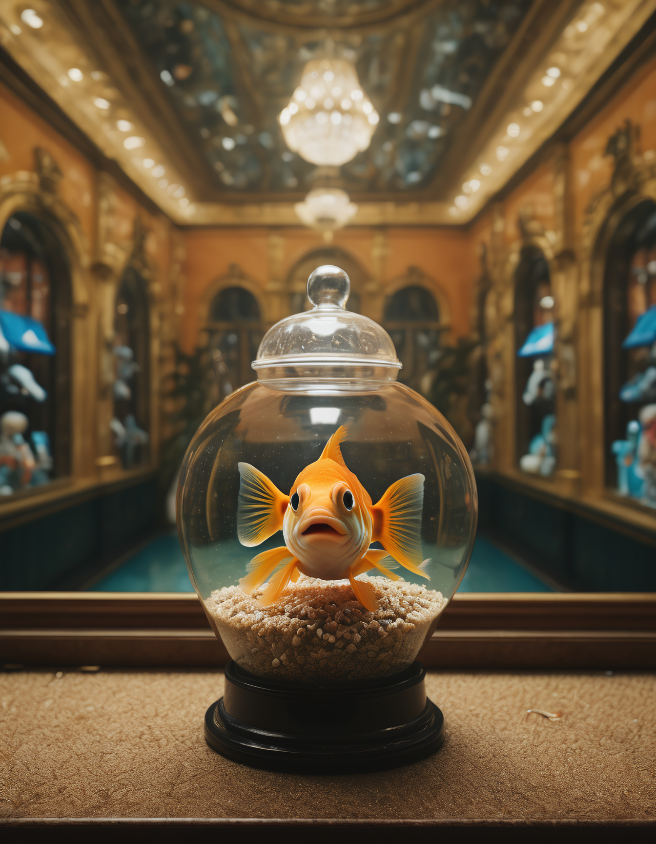 cinematic photo a goldfish celebrating in an aquarium, disco party, 35mm photograph, film, bokeh, professional, highly detailed, 4k, uhd, masterpiece