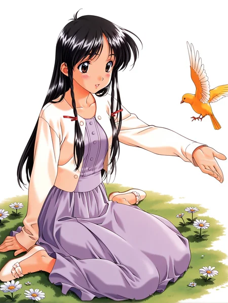 masterpiece,best quality,amazing quality,
1girl,solo,
retro artstyle,<lora:sugihara_manami_ilxl_v1.0:1>,s_manami,black hair,long hair,hair ribbon,twin braids,brown eyes,skirt,flower,outdoors,hair over shoulder,animal,flats,purple dress,open clothes,
dress,outstretched arm,bird,<lora:Fixhands_anime_bdsqlsz_V1:1>,light_blush,cinematic_angle,full body,parted lips,white_background,simple_background,:d,dynamic_angle,wariza,looking_at_animal,