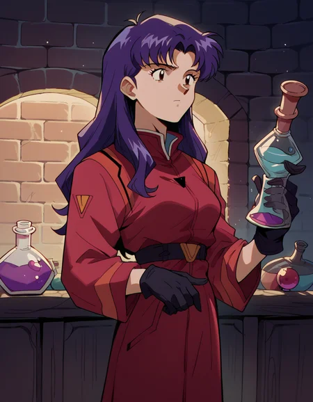 score_9, score_8_up, score_7_up, source_anime, <lora:misato-katsuragi-classic-ponyxl-lora-nochekaiser:1>, misato katsuragi, long hair, brown eyes, purple hair, parted bangs, medium breasts, <lora:wizard-ponyxl-lora-nochekaiser:1>, wizard, wizard hat, robe, dress, long sleeves, gloves,, indoors, bricks, potion, flask, vial,, cowboy shot,