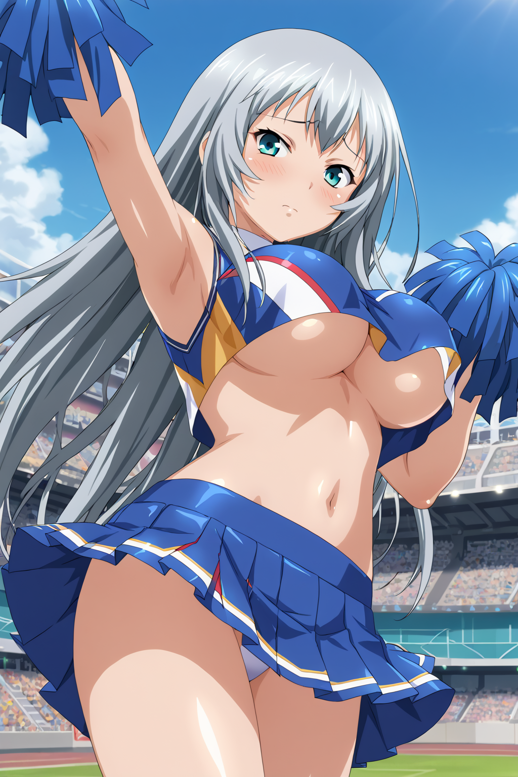 score_9, score_8_up, score_7_up, BREAK source_anime, masterpiece, anime screencap, shiny skin,
1gil, long hair, grey hair, aqua eyes, large breasts,  <lora:chouun_pony:1>
cheerleader, blush, under boob,