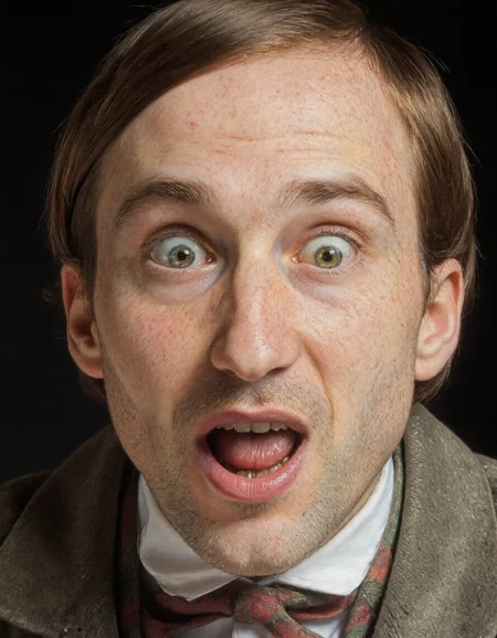 Norman Rockwell style full body shot of full body shot of a realistic digital portrait of mature man and freckled pale skin, making an exaggerated and absurd comic expression, her eyes looking in different directions with a divergent gaze, eyebrows raised unevenly with one sharply arched, upper lip pulled sharply upward and to the side, lower lip pushed in the opposite direction, lips asymmetrical and tense without visible teeth, cheeks slightly uneven from facial tension, the expression resembles a shocked clown or animated jester reacting in confused panic, softly lit with a dark background, high detail on facial muscles and skin, stoic cinematic 4k epic detailed 4k epic detailed photograph shot on kodak detailed bokeh cinematic dark moody, <lora:Dark_Ghibli:0.5>, <lora:Dark_Fantasy_Pulp_Pinup:0.5>, . Whole outfit, clear, sharp, balanced, <lora:GOGOL:1>. Whole outfit, clear, sharp, balanced . Realistic, narrative, Americana, detailed, "abstract