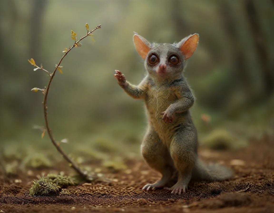 In a lush forest, a galago leaps gracefully among the trees. The air is alive with the whispers of magical creatures—glowing fairies flit between branches, while shimmering sprites dance on the leaves. The harmony of nature and enchantment creates a breathtaking scene, where the ordinary meets the extraordinary.