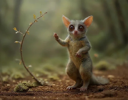 In a lush forest, a galago leaps gracefully among the trees. The air is alive with the whispers of magical creatures—glowing fairies flit between branches, while shimmering sprites dance on the leaves. The harmony of nature and enchantment creates a breathtaking scene, where the ordinary meets the extraordinary.