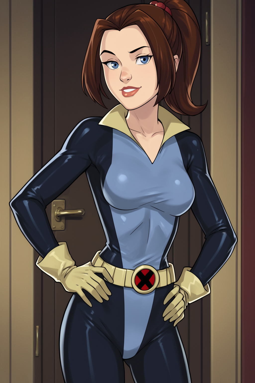 PonyXLV6_Scores BREAK ((parody), perfect anatomy, perfect eyes, cowboy shot) <lora:add_details_xl:0.8> BREAK <lora:Shadowcat_-_X-Men_Evolution:0.8> kitty pryde, brown hair, ponytail, blue eyes, flirting, raised eyebrow, ((looking at viewer)), bodysuit, gloves, belt, medium breasts, curvy, toned, athletic, sexually suggestive pose, standing, swaying her hips, hand on hip, indoors