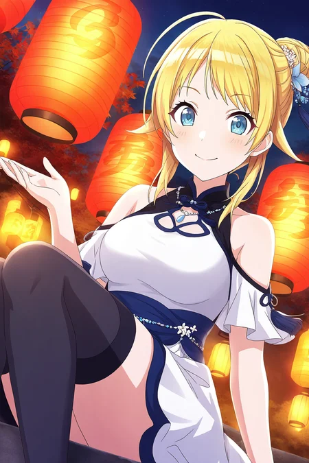 <lora:HachimiyaMeguru:0.8>, Hachimiya Meguru, blonde hair, blue eyes, long hair, ahoge, hair flaps, 1girl, solo, shoulder cutout, thighhighs, hair bun, lantern, black thighhighs, sitting, paper lantern, clothing cutout, looking at viewer, smile, bare shoulders, white dress, single hair bun, necklace, dress, dutch angle, autumn leaves, leaf, outdoors