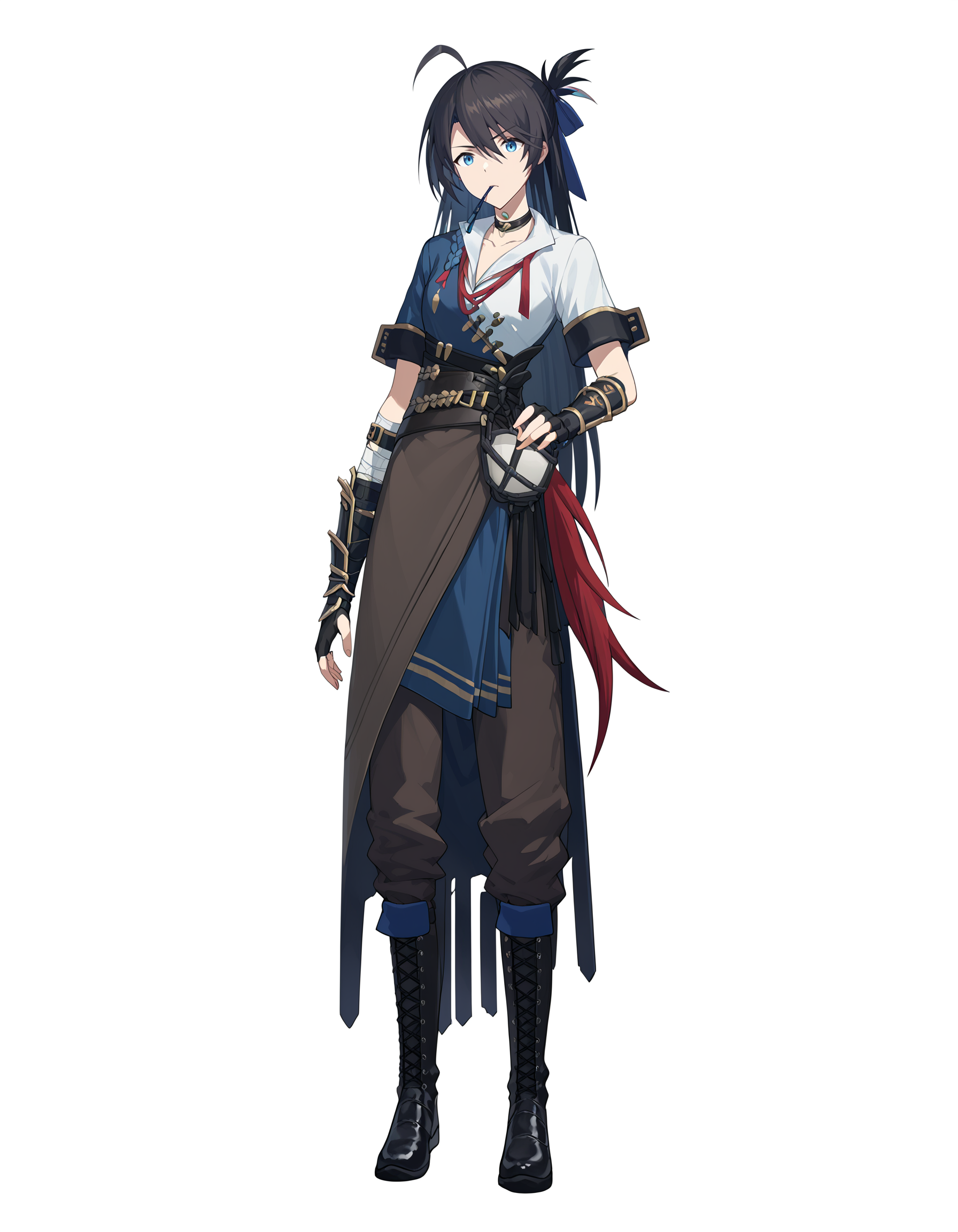 score_9,score_8_up,score_7_up,<lora:gutu_pony:0.8>,gutu,1girl,solo,blue eyes,boots,white background,ahoge,gloves,black hair,full body,simple background,pants,fingerless gloves,black footwear,looking at viewer,standing,short sleeves,shirt,white shirt,brown pants,weapon,belt,long hair,choker,<lora:Anime_Screencap:1>,anime screencap,mouth hold,