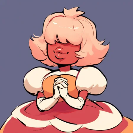 padparadscha, colored skin, peach hair, smiling, lips, v arms, dress, puffy shoulders, half body, elbow gloves, hands together, hair over eyes,
1girl, solo,
score_6, score_6_up, score_7, score_7_up,