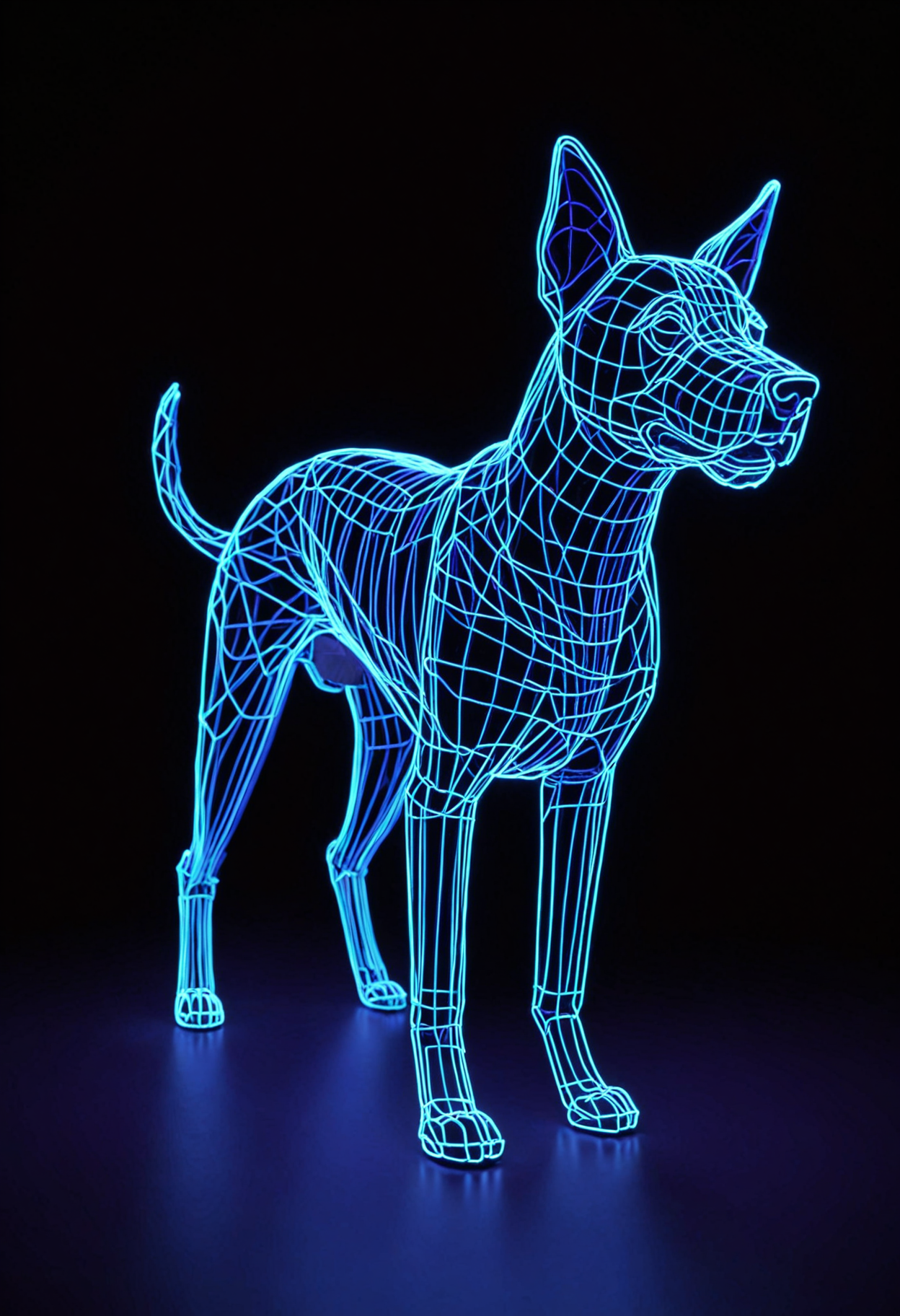 wireframe of a neon dog is walking across a black background with blue and purple lights on it's face and tail, artist, neon lighting, a hologram, holography