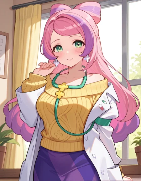 masterpiece, best quality, amazing quality, very aesthetic, absurdres, newest, detailed background, 4k, 8k, outdoors, beautiful eyes, hyperdetailed,
miriamxd, 1girl, solo, earrings, smile, long hair, sweater, stethoscope, jewelry, green eyes, skirt, multicolored hair, purple skirt, indoors, window, looking at viewer, open coat, yellow sweater, purple hair, closed mouth, pink hair, off shoulder, long sleeves, blush, hand up, curtains, cable knit, open clothes, labcoat,
<lora:Nurse_Miriam_-_Pokemon_Illustrious:1>