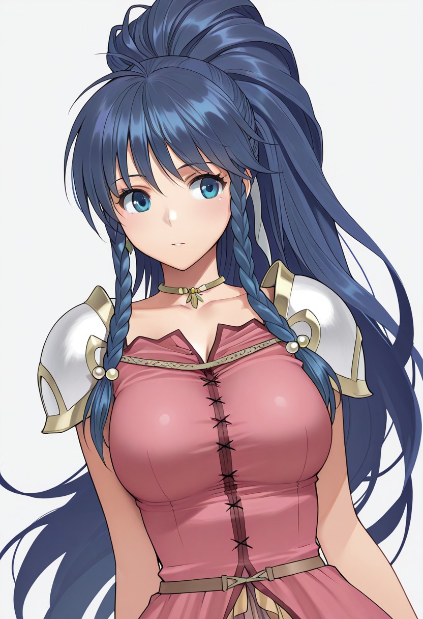 masterpiece, best quality, crimsonj-girl.fightil, 
  1girl,Tana, long hair, blue hair, ponytail, twin braids, blue eyes, dress, shoulder armor, large breasts,
simple background, perfect anatomy