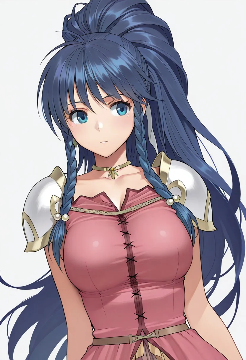 masterpiece, best quality, crimsonj-girl.fightil,
1girl,Tana, long hair, blue hair, ponytail, twin braids, blue eyes, dress, shoulder armor, large breasts,
simple background, perfect anatomy