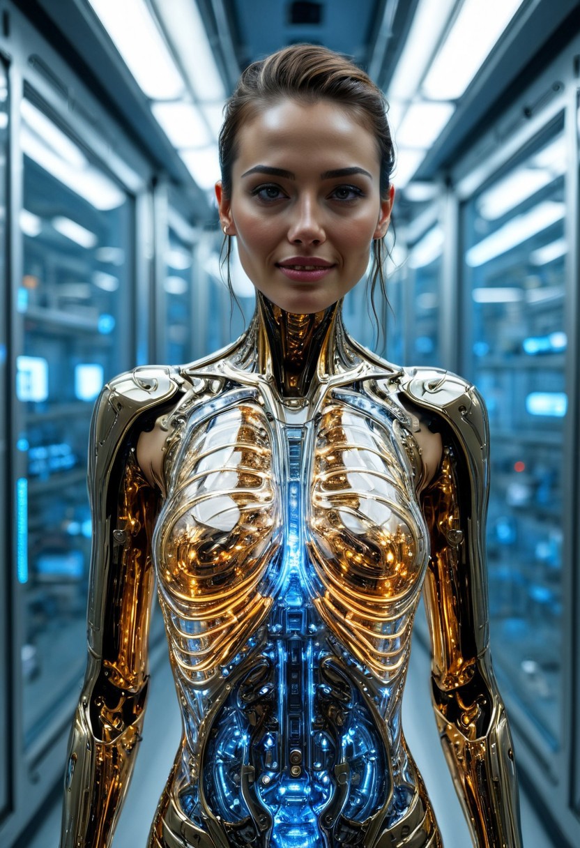 the most realistic, photorealistic photo ever taken [PORTRAIT MID BODY SHOT, extremely detailed, 8k, BEAUTIFUL FEMALE ANDROID (SEDUCTIVE SMILING:1.5), looking at the camera, IN A HIGH TECH FUTURISTIC LABORATORY, LEDS,BIOMECHANICAL BODY PARTS, (glass TRANSPARENT ULTRA DETAILED BODY shell:1.5) SHOWING blue and gold CIRCUITRY INSIDE THE BODY, Detailed hand, (DYNAMIC POSES:1.5), Perfect hand, ],ANDROID