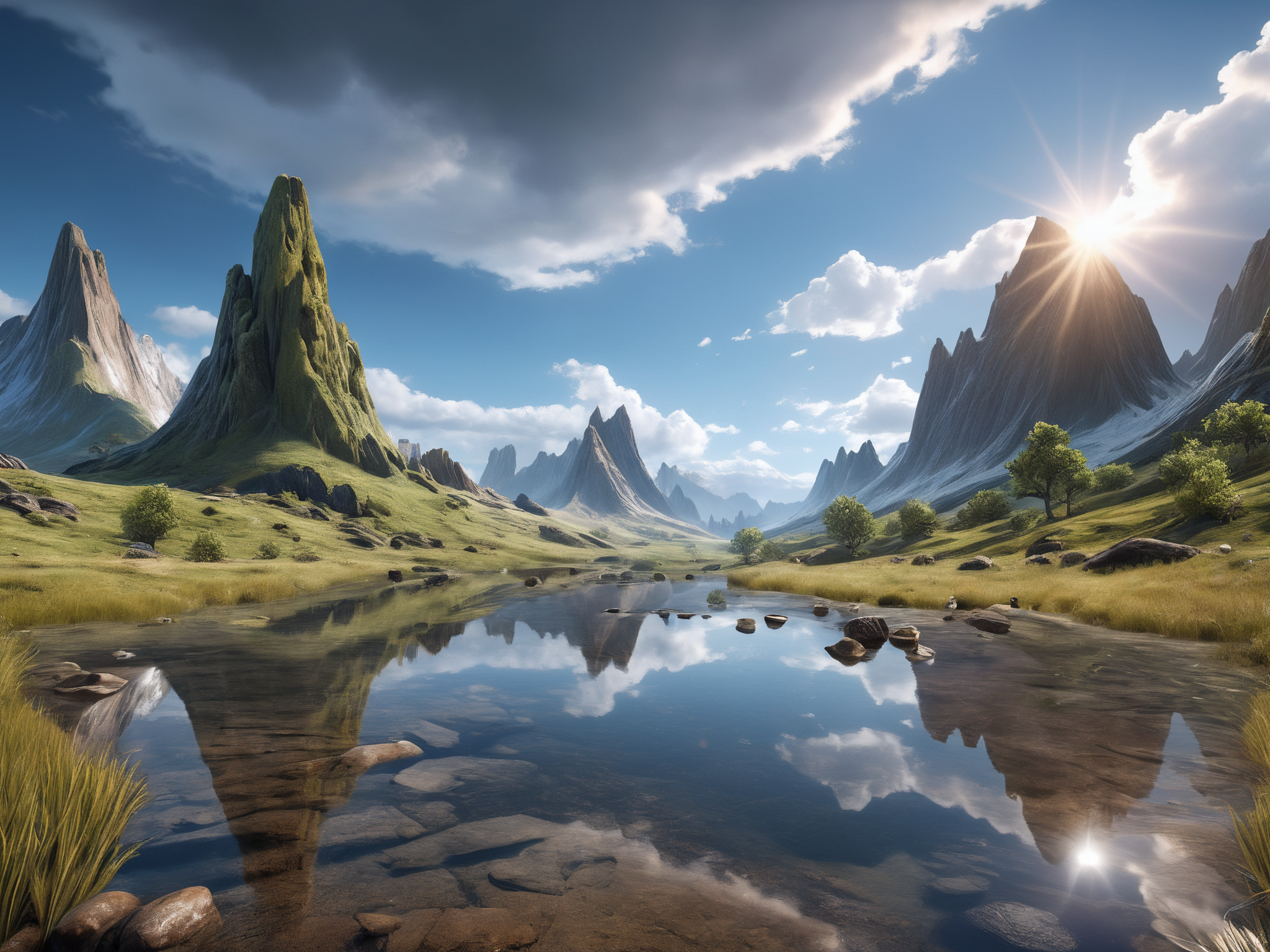 long shot scenic professional photograph of breathtaking, maximum fidelity, ultra high detail, ultra HD, Panavision Millennium DXL2 8k professional RAW photography hyperrealism filter of a 2.5D render landscape wide angle, perfect perspective, (druidic scenery, druidic beasts and spirits) <lora:LoromXL_Druidic_Naturalism-000003:0.3>, luminous reflections, rtx on, subsurface scattering, dynamic hdr tone mapping, volumetric lighting, screenspace reflection, Physically-Based Rendering, Unity WÄtÄ environmental water, perfect viewpoint, highly detailed, wide-angle lens, hyper realistic, with dramatic sky, polarizing filter, natural lighting, vivid colors, everything in sharp focus, HDR, UHD, 64K
