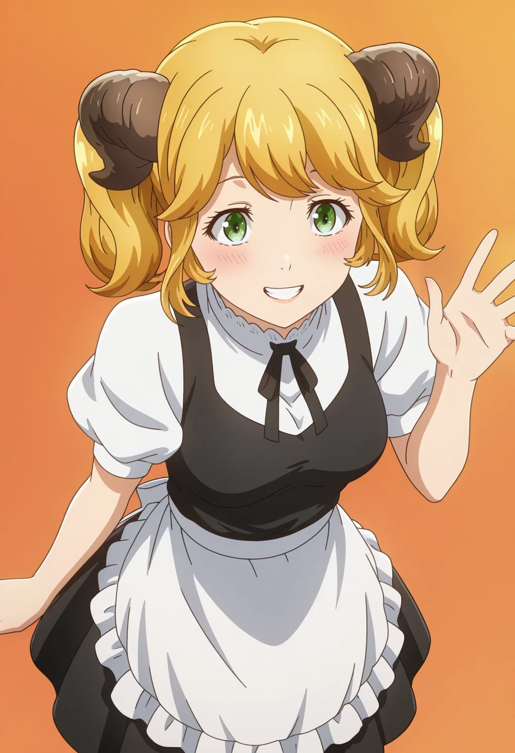 masterpiece, best quality, amazing quality, anime coloring, anime screencap, solo, 1girl, <lora:DX888AlettaIL:1>aletta, twintails, green eyes, blonde hair, twintails, horns, black dress, puffy sleeves, white shirt, black ribbon, waist apron, maid, grin, blush BREAK (simple background:1.2), orange background gradient background, waving, from above,