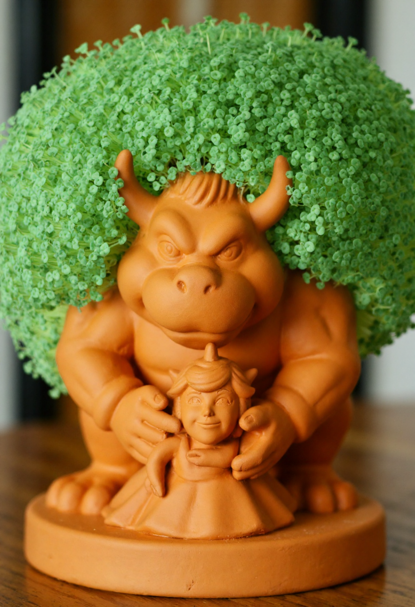<lora:Chia_Pet_Planter_FLUX-000013:0.9> 
Photograph of a terracotta color clay Bowser and Princess Peach hugging, adorned with a lush, vibrant green plant. It is is sitting on a table.