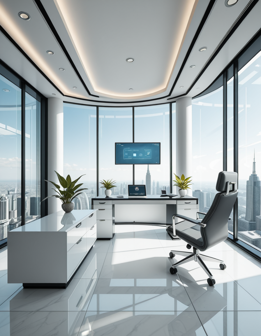 A modern, luxurious executive secretary's office located at the top floor of a futuristic skyscraper. The office has floor-to-ceiling glass walls offering a breathtaking panoramic view of a bustling metropolis under a clear blue sky. Inside, the design is ultra-minimalist and high-tech, with sleek white furniture, a glossy black desk with an integrated digital interface, and an ergonomic designer chair in matte gray leather. There are a few elegant green plants strategically placed for a touch of nature. A thin holographic screen hovers above the desk, displaying schedules and emails. The lighting is bright but soft, coming from recessed LED strips in the ceiling and natural sunlight pouring in. The atmosphere feels calm, professional, and cutting-edge, reflecting the spirit of a powerful tech company. In the background, a subtle artistic sculpture and a minimalist clock complete the decor.
<lora:SDXLFaeTastic2400:0.4> <lora:extremely_detailed:0.4> extremely detailed,secretary 0ff1c3, <lora:secretary_0ff1c3_r1-i:1>, Masterpiece,best quality,hi res,8k,hi res,8k,award winning,(sharp focus, intricate, highly detailed),