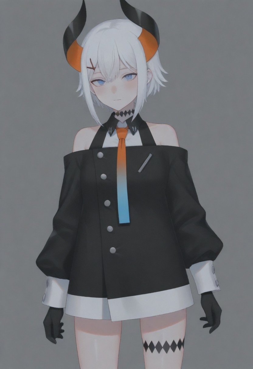 masterpiece, best quality, amazing quality,,, shiny skin,,,,,,,,nijilevi,,blue eyes,white hair,horn,pail skin,short hair,hairclip,nijilevicos,collared shirt,bare shoulder,gradient necktie,puffy long sleeves,white cuffs,black gloves,single thigh strap,