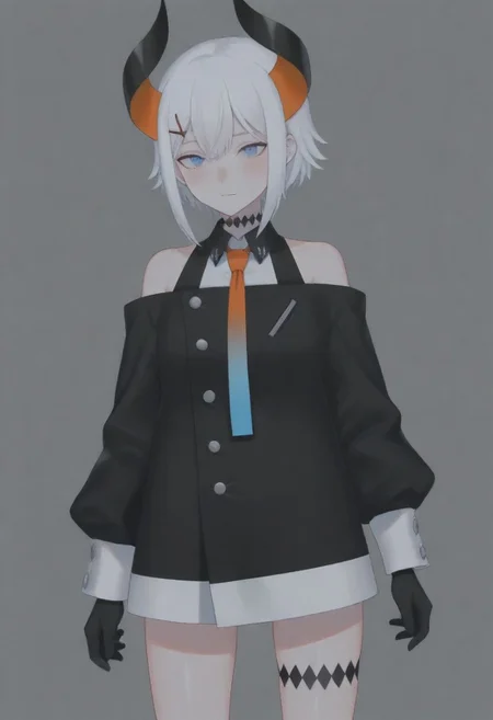 masterpiece, best quality, amazing quality,,, shiny skin,,,,,,,,nijilevi,,blue eyes,white hair,horn,pail skin,short hair,hairclip,nijilevicos,collared shirt,bare shoulder,gradient necktie,puffy long sleeves,white cuffs,black gloves,single thigh strap,