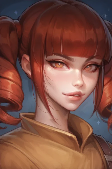 score_9, score_8_up, score_7_up, score_6_up, 
1 female, solo, portrait, looking at viewer,
falari, blunt bangs, red hair, twintails, drill hair, thin, petite, lips,
<lora:Falari:0.8>
<lora:Kittew-4RCH0N:1>4RCH0N