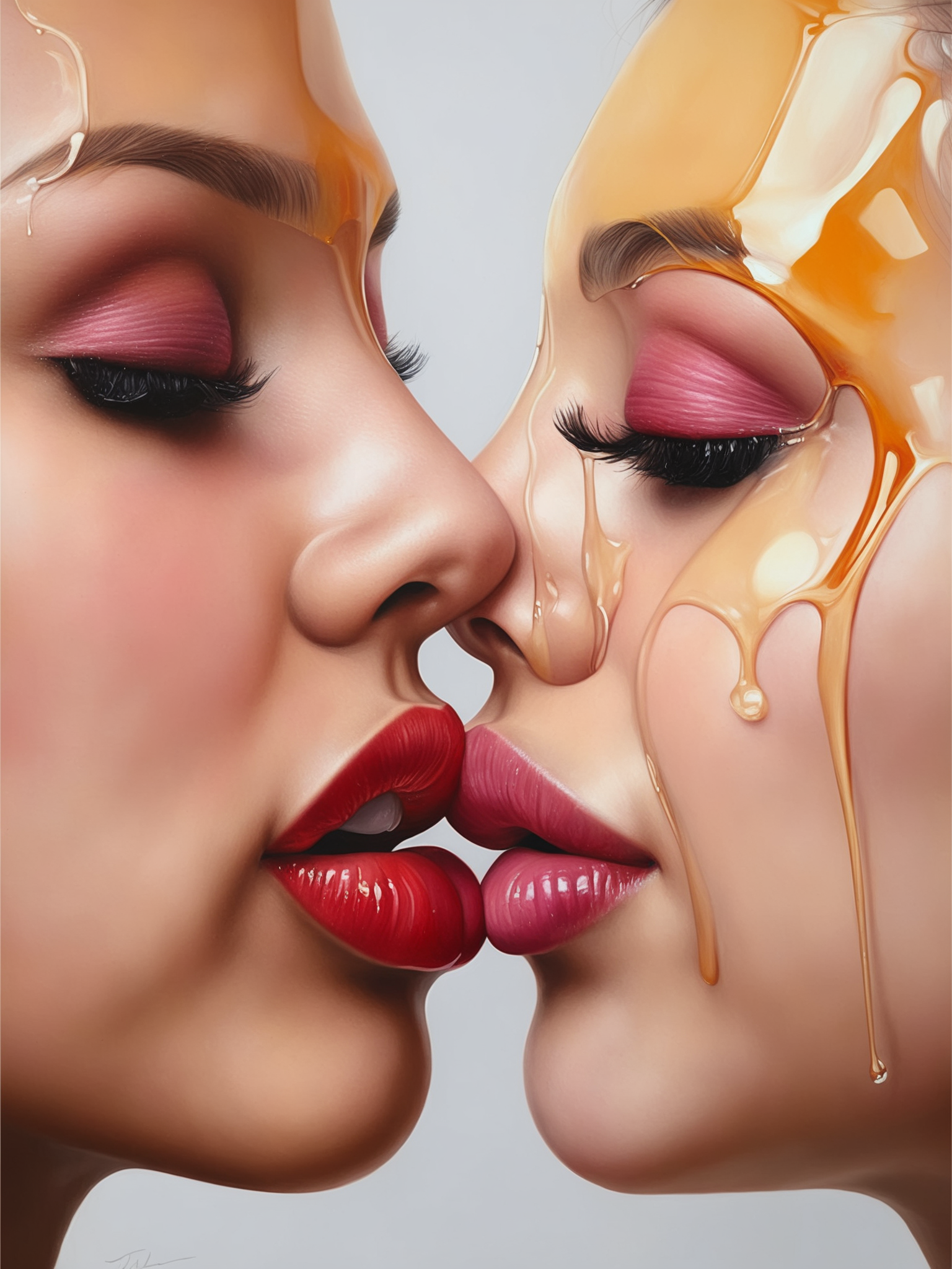 FRESHIDEAS Surrealist portrait painting,2 girls kissing, side tongue close-up, simple background. Ultra-realistic, ultra-detailed, best quality.