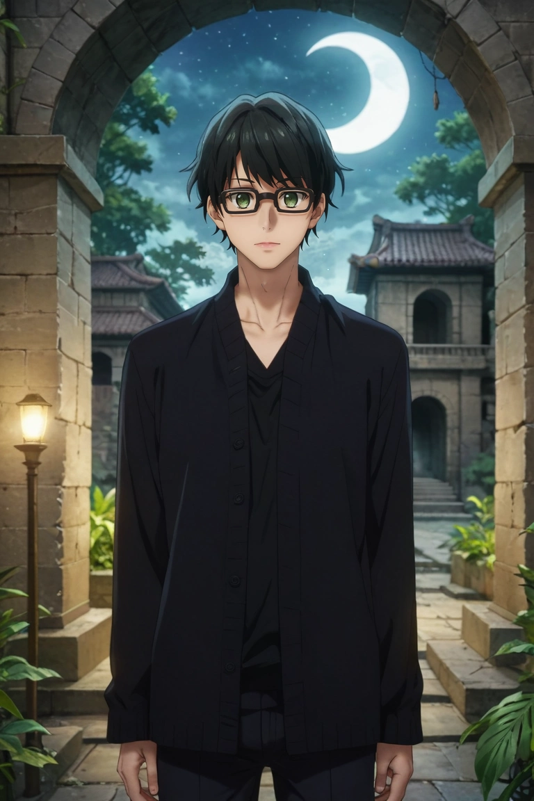 score_9, score_8_up, score_7_up, source_anime, rating_safe, intricate details, (realistic:0.6), , depth of field, 1boy, solo, male focus, <lora:tasuku_kuresawa_pony:1>, tasuku_kuresawa, black hair, green eyes, short hair, glasses, wide angle, wide shot, full body, ancient ruins, night, crescent moon, index finger raised, heart eyes, vandal costume, <lora:sdxl_lightning_8step_lora:1>