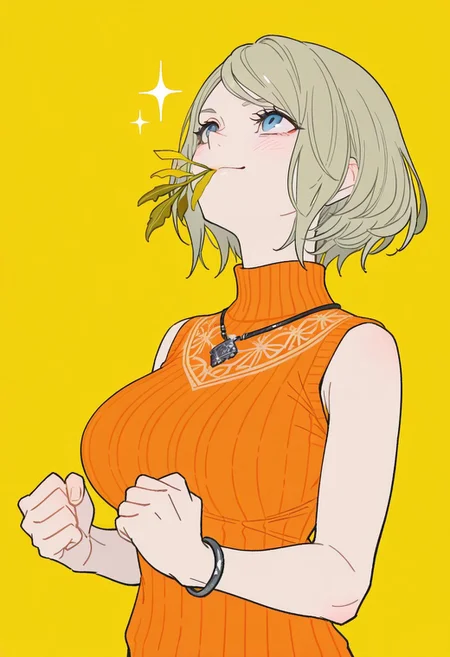 masterpiece, best quality,
<lora:RE4Ashley:1.0>
RE4Ashley, 1girl, blonde hair, short hair, blue eyes,(serious,smile,blush,looking up),(big breasts),(orange sweater,bare arms,bracelet,necklace),(upper body),(holding yellow herb leaves in mouth,clenched hands, triumphant pose),(flat color,simple background,yellow background,sparkle pattern background)