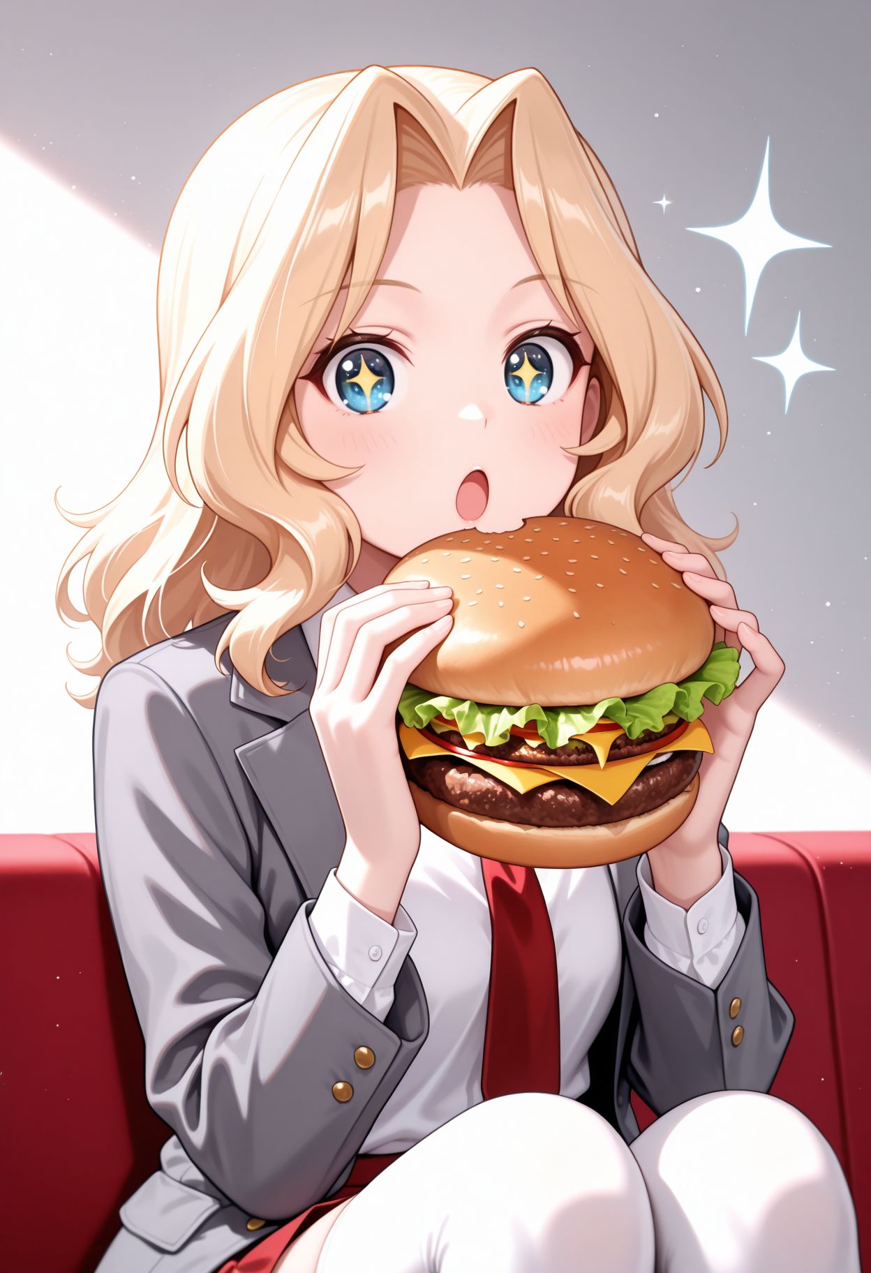 masterpiece,best quality,absurdres,highres,very aesthetic,high quality,detailed,insanely detailed,beautiful, looking at viewer,
 <lora:Kay illu v2 :0.9>
food, :o, sparkle, hair_intakes, holding_food, portrait, +_+, burger, sparkling_eyes, lettuce
1girl, blonde hair, hair intakes, blue eyes, 
saunders school uniform,blazer,grey jacket,long sleeves,open jacket,wing collar,white shirt,necktie,red skirt,white thighhighs