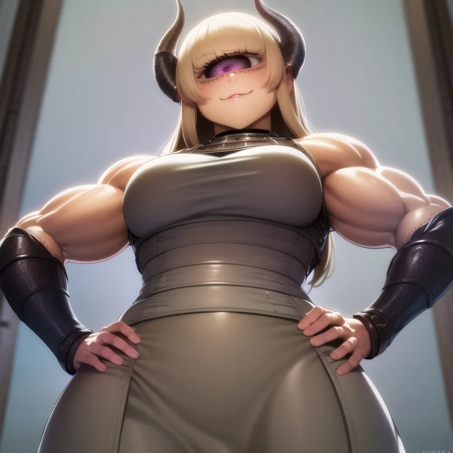 masterpiece, best quality, ultra-detailed, illustration, Solo, 1girl, (one eye:1.2), (cyclops:1.1), absurdly blond hair, Blue eyes, horns, shiny knight armor, medieval, fantasy armor, castle, cowboy shot, smirk, hands on hips, from below, muscular, muscles