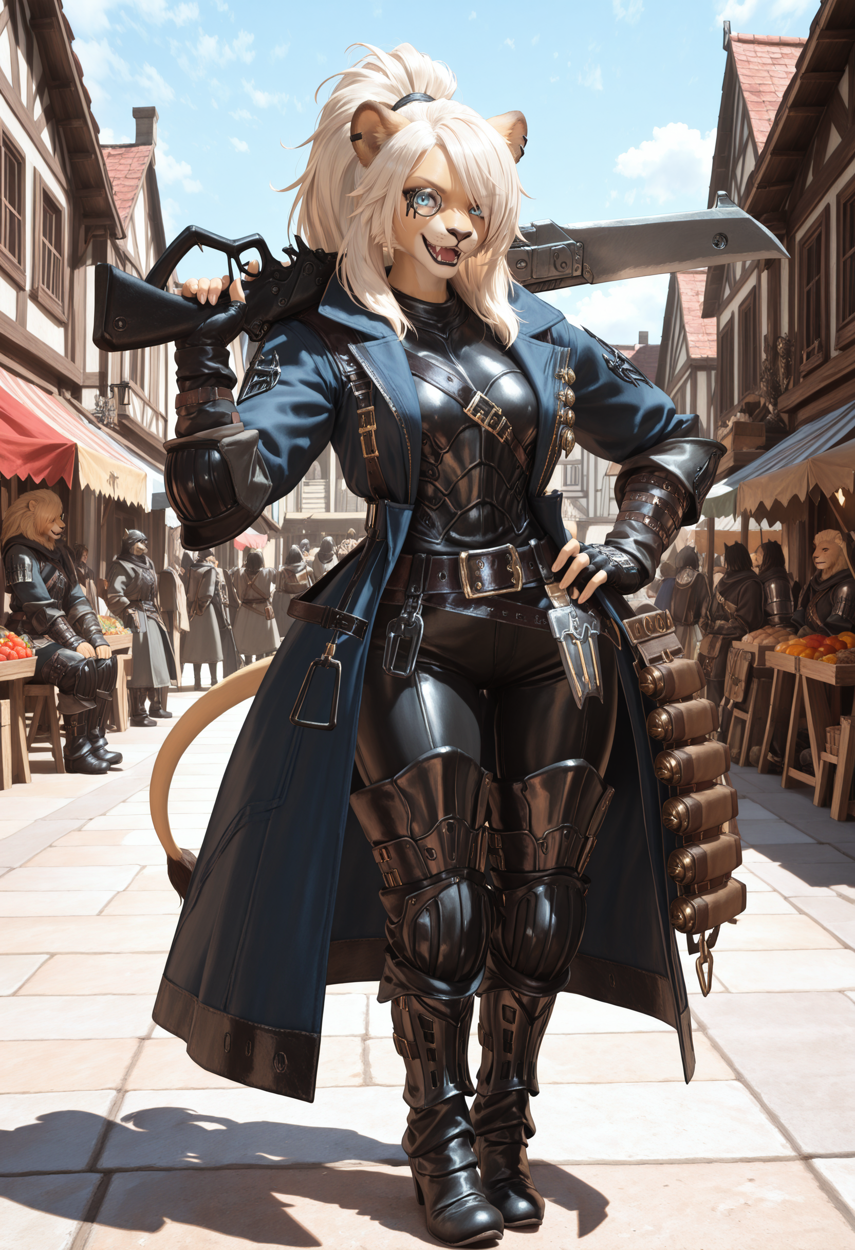 masterpiece, best quality, absurdres, highres, newest, <lora:cfg_scale_boost:.7>, smile, full body,standing, female focus, 1girl, crowd, lion girl, animal ears, tail, ((furry female,  animal nose):1.5), long hair, glaring, high ponytail, swept bangs, hair over one eye, 
bodyguardaf, black fingerless gloves, blue long coat, black armored boots, armor,  monocle, black pants, belt, open coat, thigh boots, bandolier,belt,
looking at viewer, gunblade,  holding weapon,  
medieval, fantasy, village, market, fangs, hand on own hip, weapon over shoulder, 
complex composition, detailed eyes, detailed body, ultra detailed, masterpiece, best quality, amazing quality, very aesthetic, realistic, photorealistic, <lora:Bodyguard_IL:1>