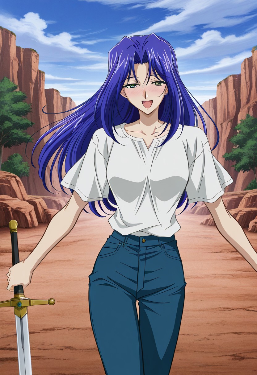 general,highres, ultra-detailed,very aesthetic,best quality ,best hands,masterpiece, best quality, newest, highres, score_9, score_8_up, score_7_up, source_anime, rating_explicit,1girl, yokota mamoru style,motion lines,Very straight nose，slim,slender face,perfect nose,torogao,seductive smile,looking at the viewer
Stevia Goodking Henry,Blue Hair, Curtained Hair, Long Hair, Hair Parted in Middle，Green Eyes
 sunrise stance,  solo, open mouth，tree,cloudy day,Longsword,cloudy tree,CANYON，jeans，shirt