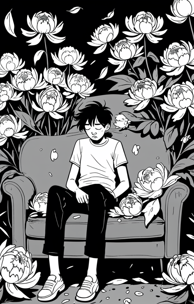 masterpiece,best quality,<lora:tbh373-sdxl:0.6>,illustration,style of exhausted people ,greyscale and white,comic decaying peonies
